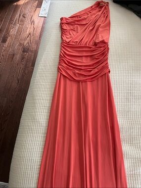 One-Shoulder Coral Ruched Jumpsuit